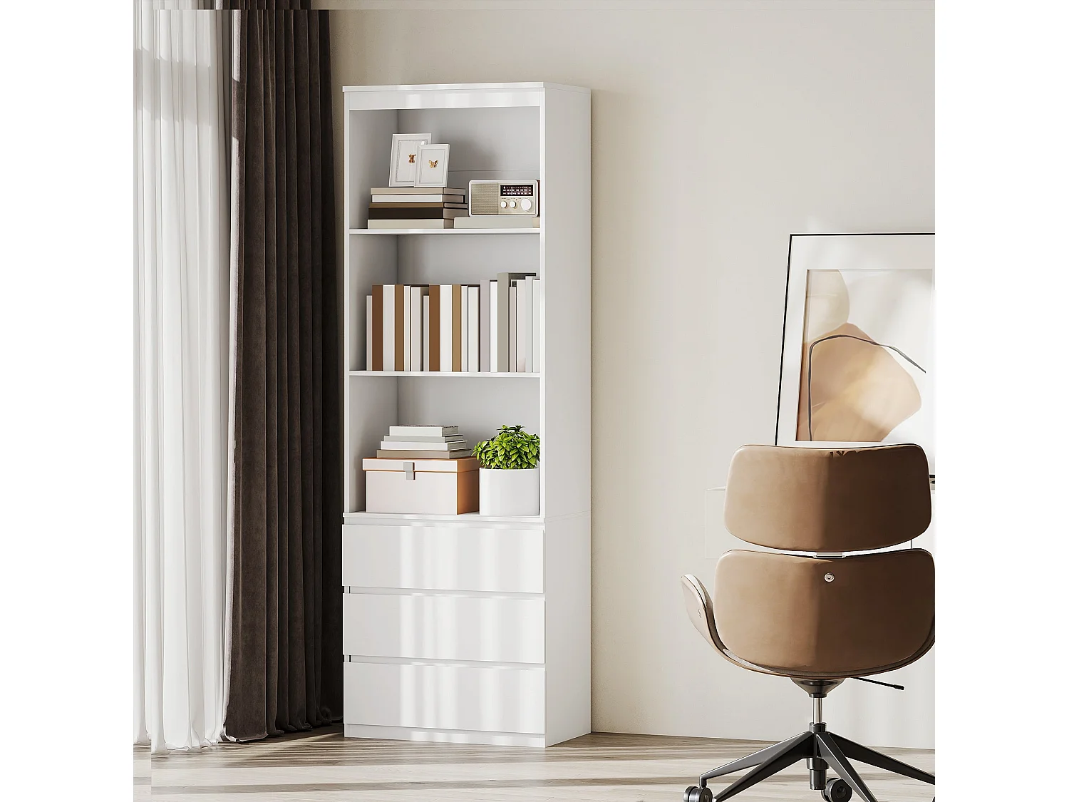 Seso Wood Tall White Bookcase 60x35x180cm with Shelves and Integrated Drawers