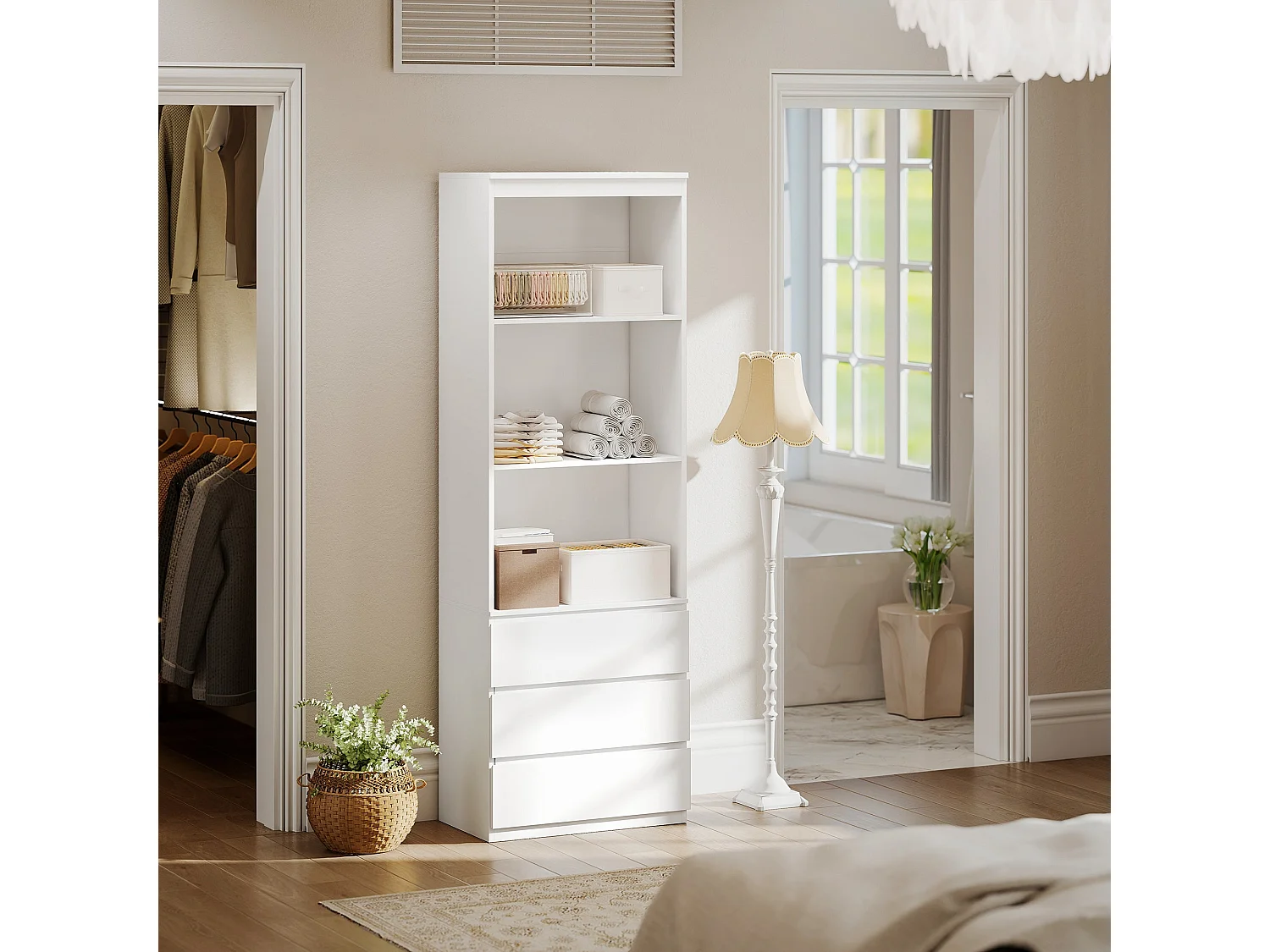 Seso Wood Tall White Bookcase 60x35x180cm with Shelves and Integrated Drawers