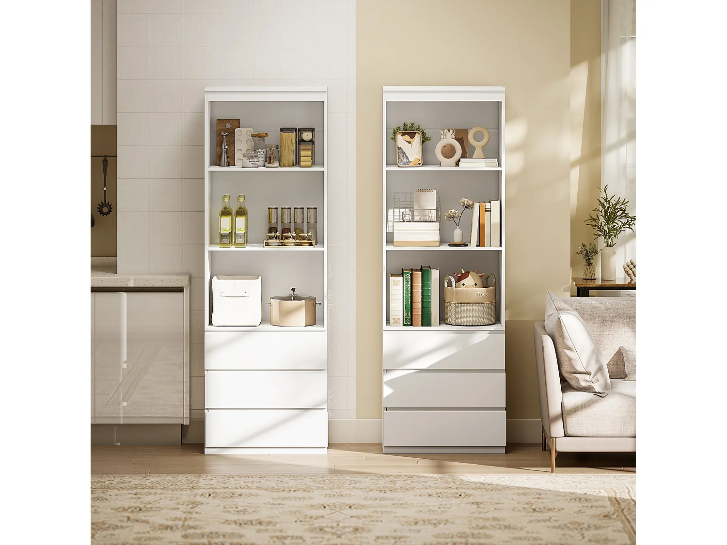 Seso Wood Tall White Bookcase 60x35x180cm with Shelves and Integrated Drawers