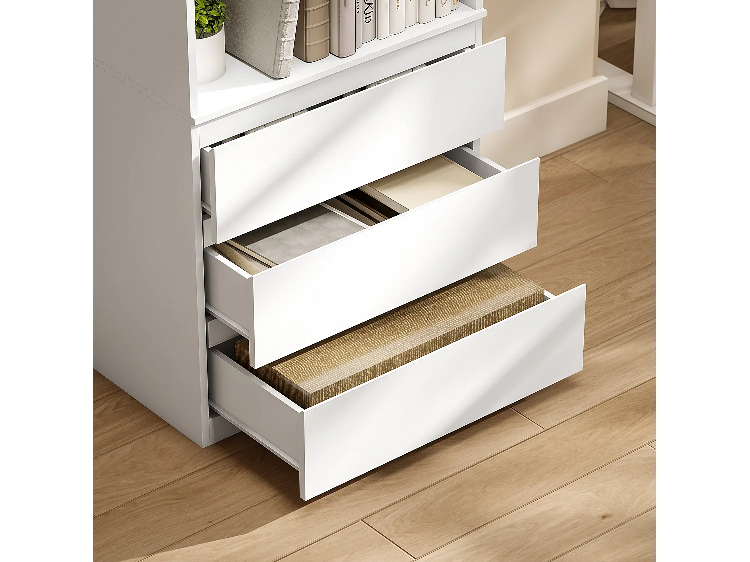 Seso Wood Tall White Bookcase 60x35x180cm with Shelves and Integrated Drawers