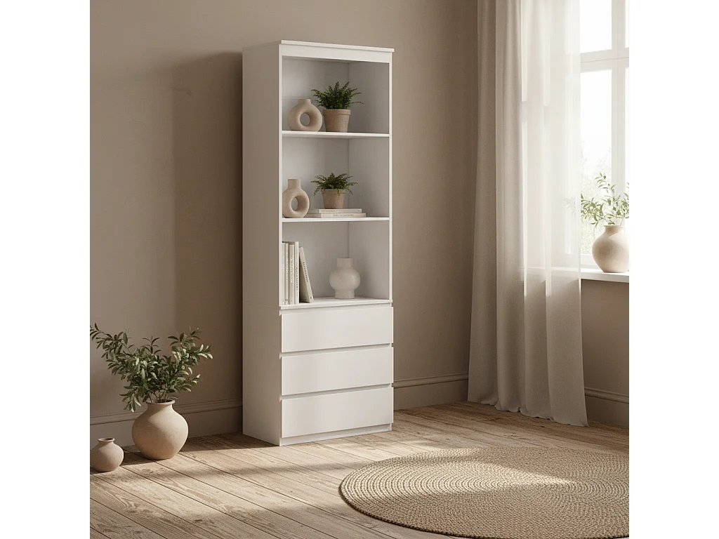 Seso Wood Tall White Bookcase 60x35x180cm with Shelves and Integrated Drawers