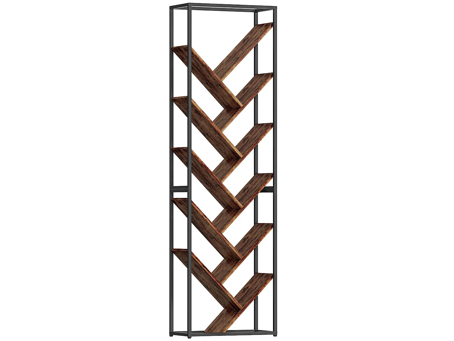 Artemis 10 Tier Industrial Metal and Wood Bookcase Black Frame Rustic Brown Shelves