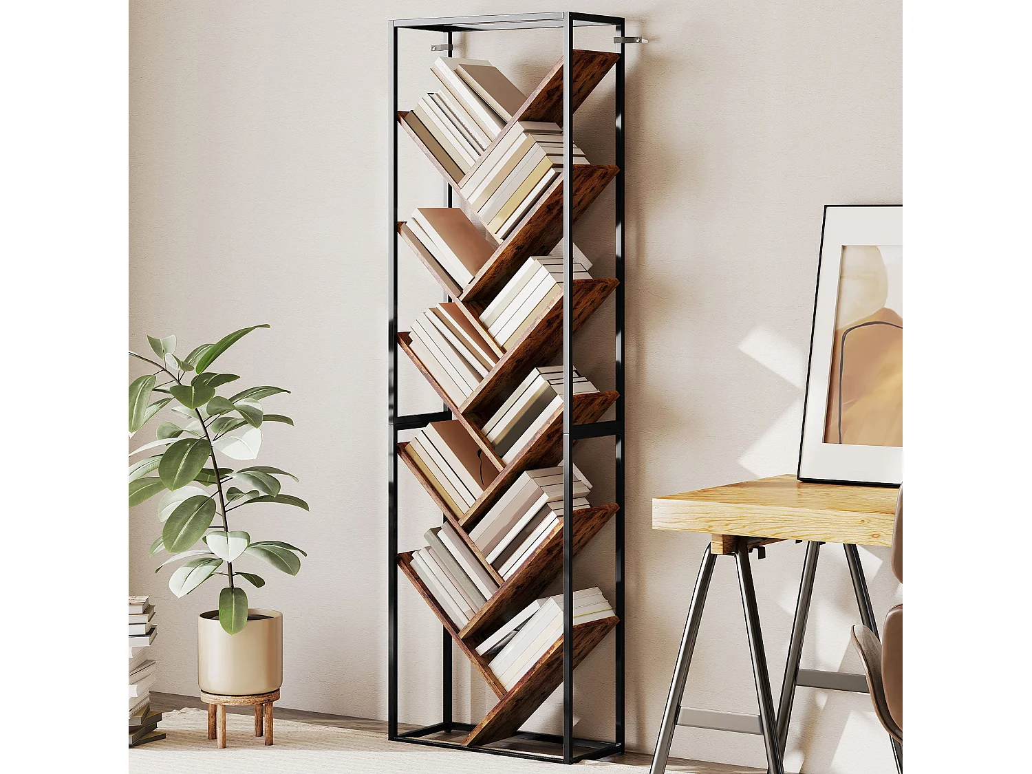 Artemis 10 Tier Industrial Metal and Wood Bookcase Black Frame Rustic Brown Shelves
