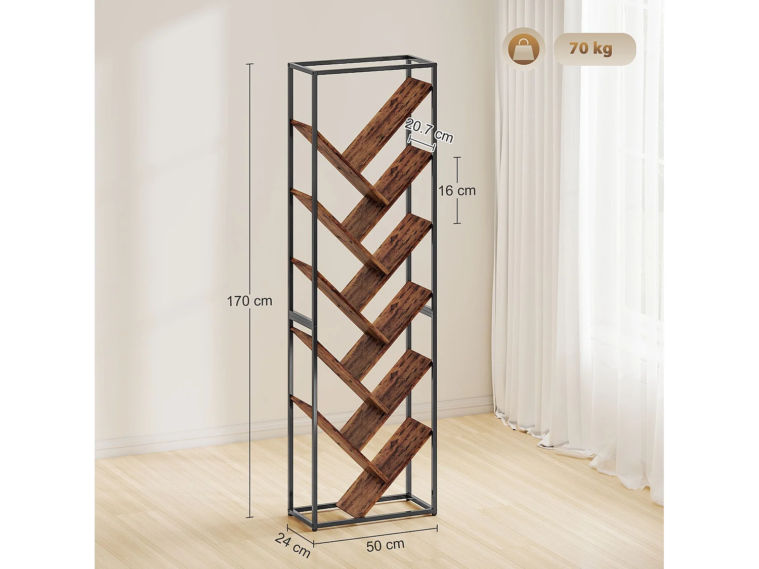 Artemis 10 Tier Industrial Metal and Wood Bookcase Black Frame Rustic Brown Shelves
