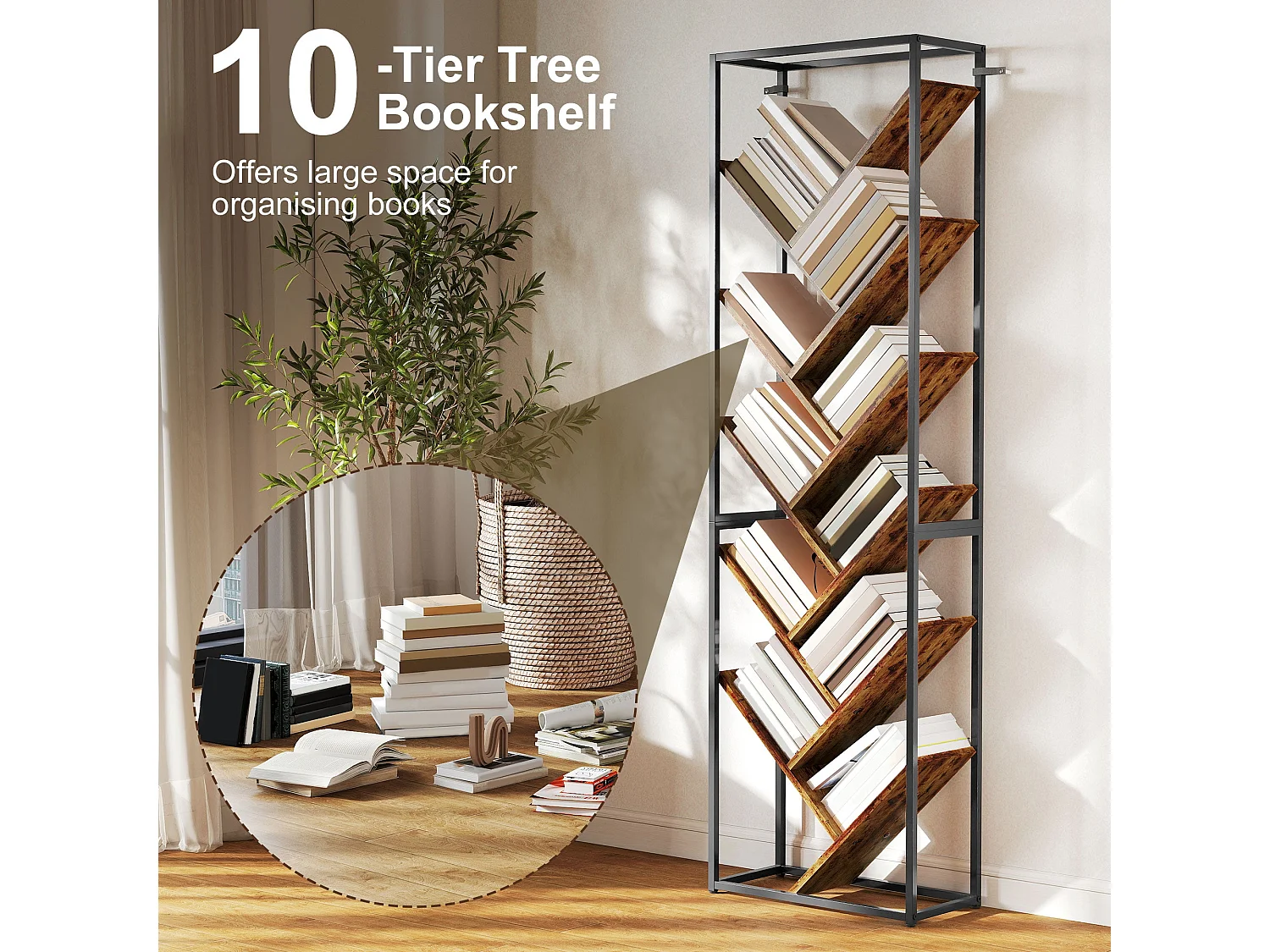 Artemis 10 Tier Industrial Metal and Wood Bookcase Black Frame Rustic Brown Shelves