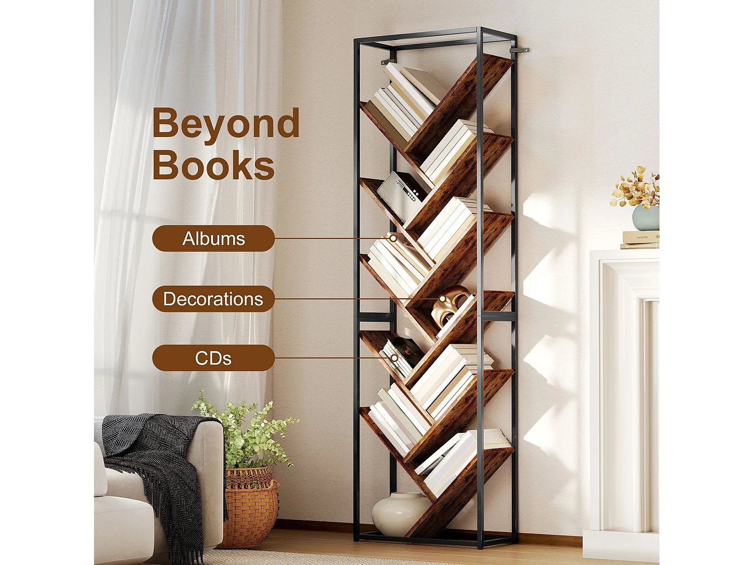 Artemis 10 Tier Industrial Metal and Wood Bookcase Black Frame Rustic Brown Shelves