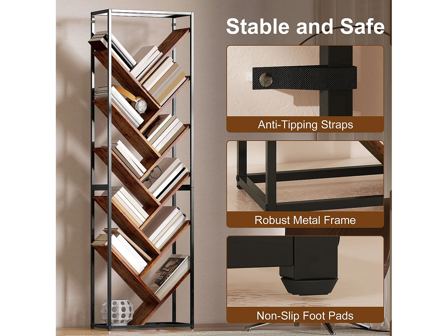 Artemis 10 Tier Industrial Metal and Wood Bookcase Black Frame Rustic Brown Shelves