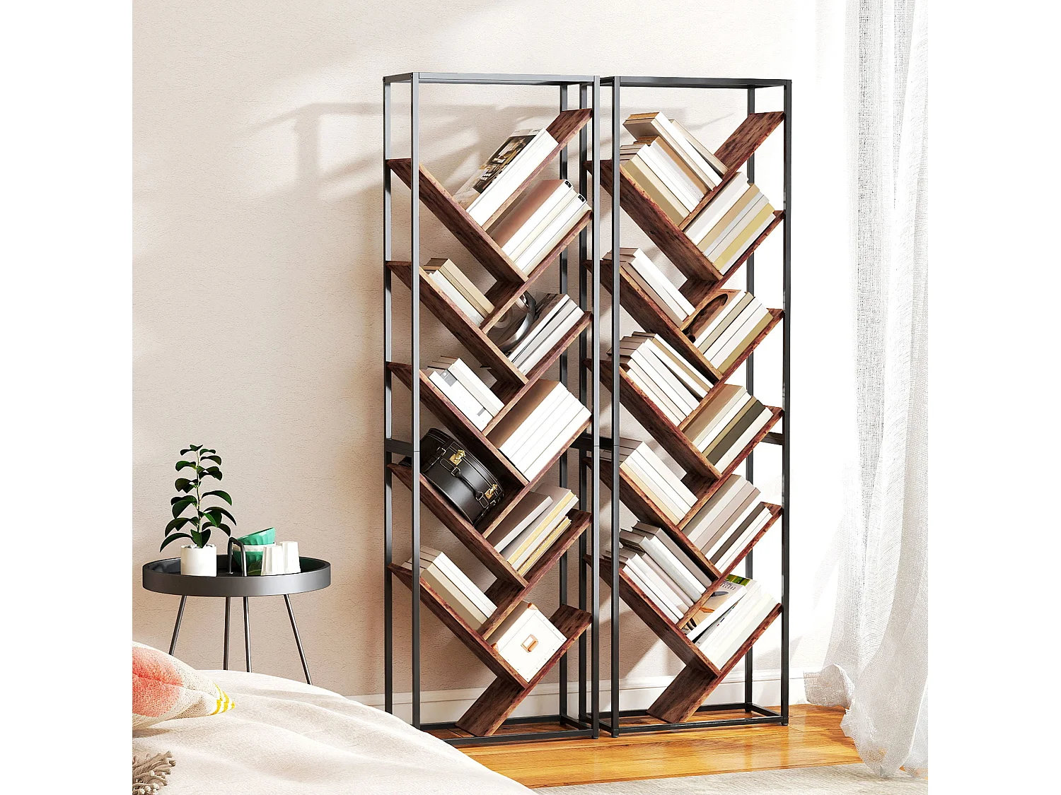 Artemis 10 Tier Industrial Metal and Wood Bookcase Black Frame Rustic Brown Shelves