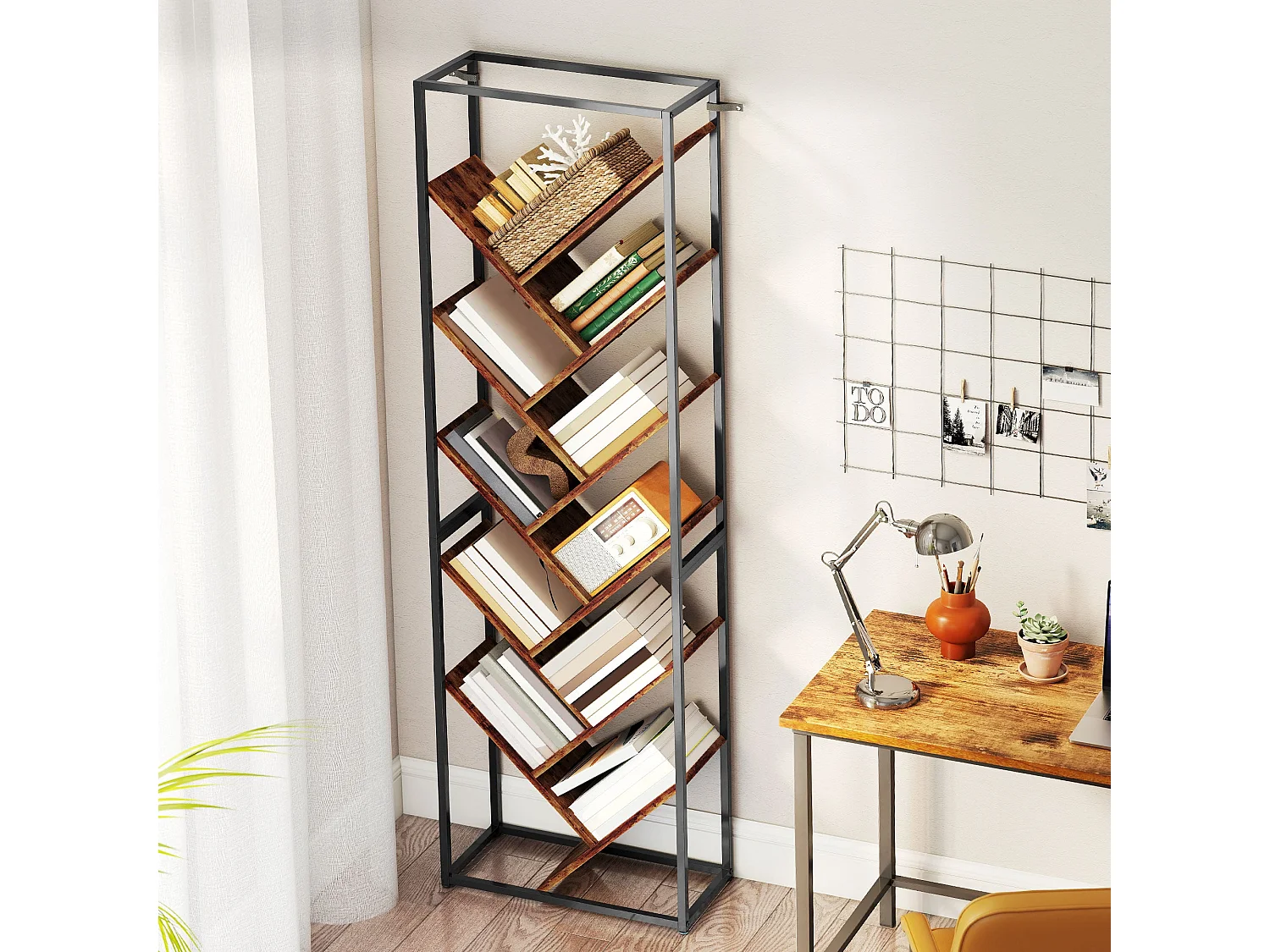 Artemis 10 Tier Industrial Metal and Wood Bookcase Black Frame Rustic Brown Shelves