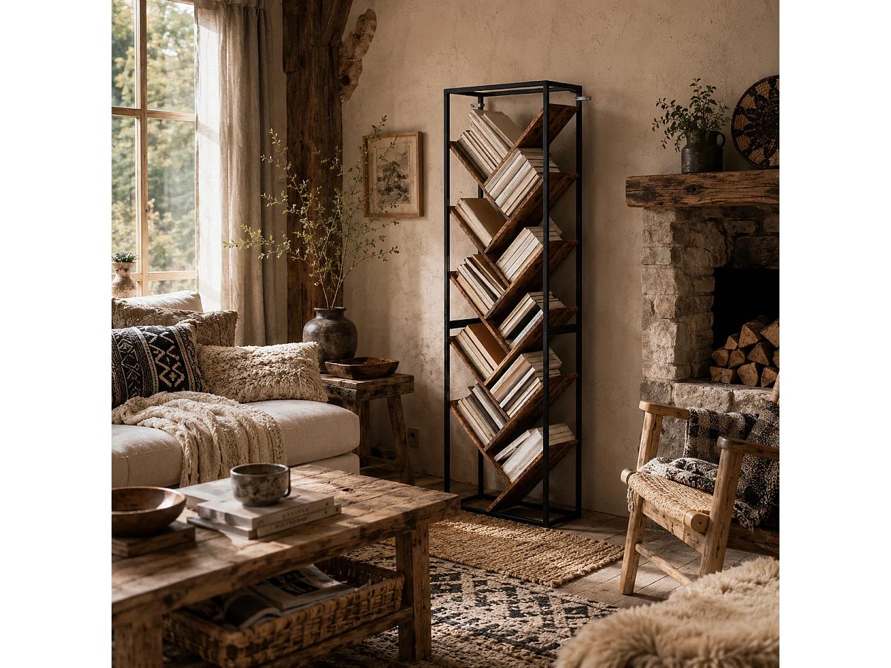 Artemis 10 Tier Industrial Metal and Wood Bookcase Black Frame Rustic Brown Shelves