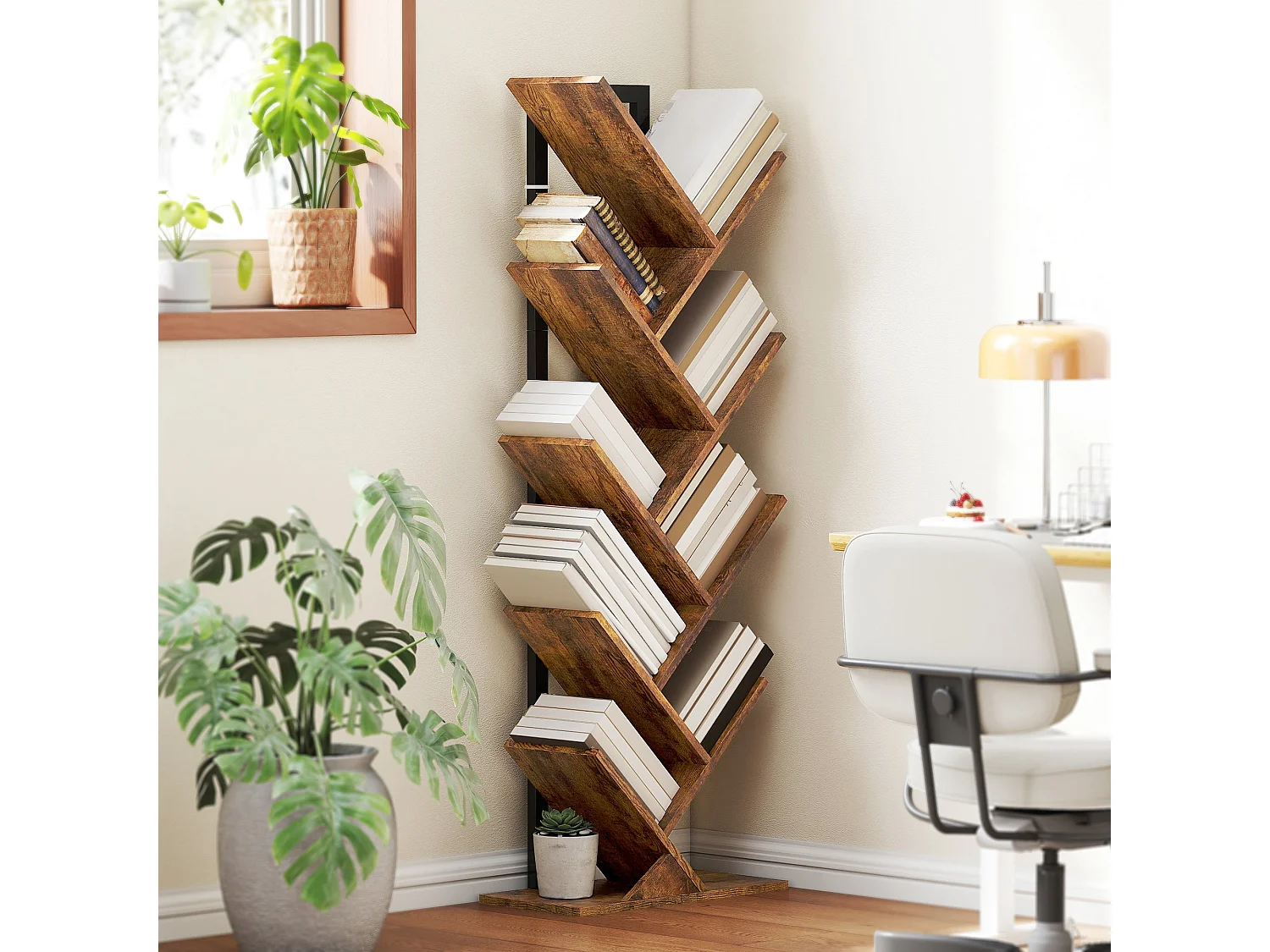 Varani 8 Section Tree Style Bookcase Rustic Brown Wood Effect Black Frame
