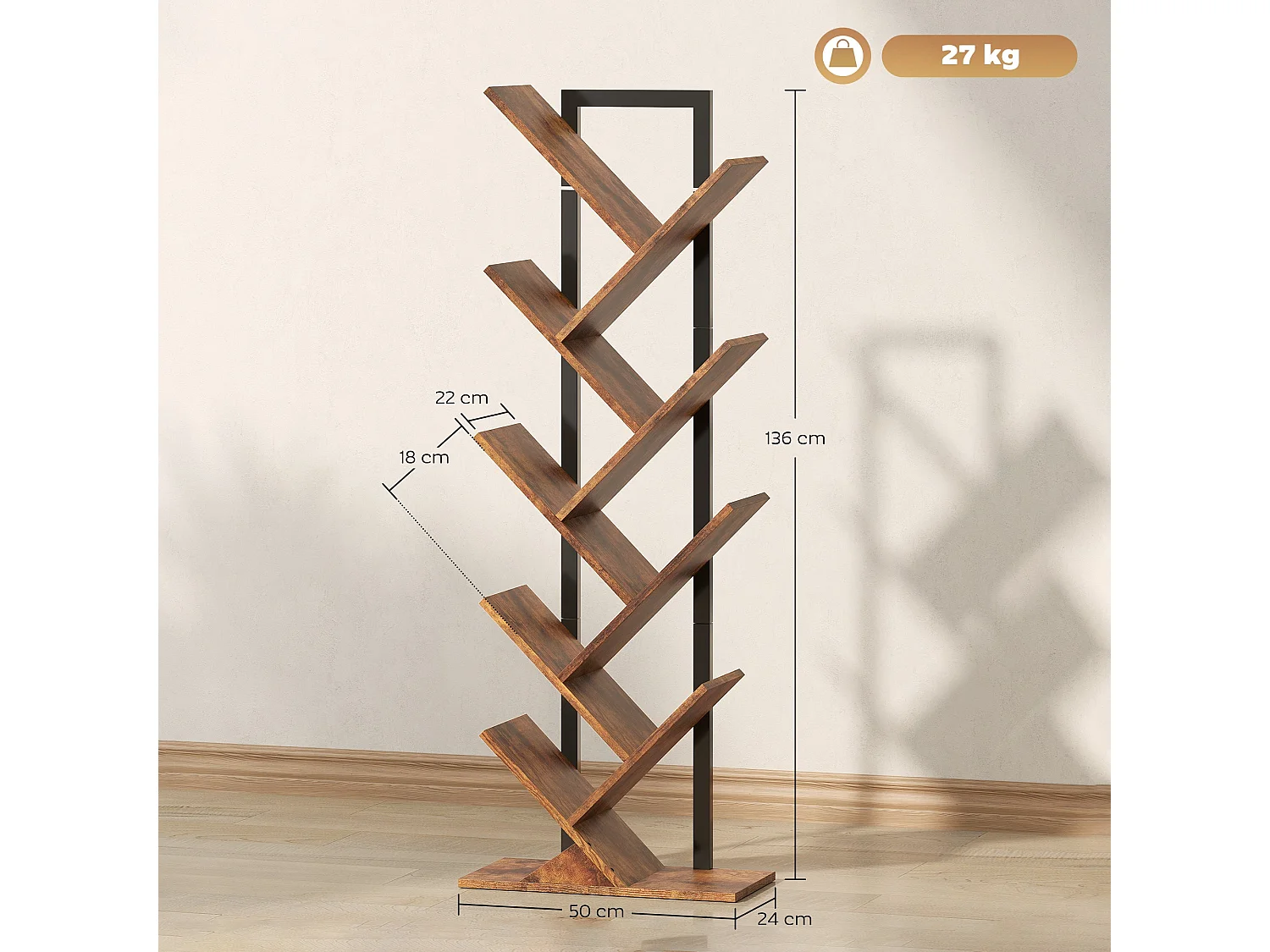 Varani 8 Section Tree Style Bookcase Rustic Brown Wood Effect Black Frame