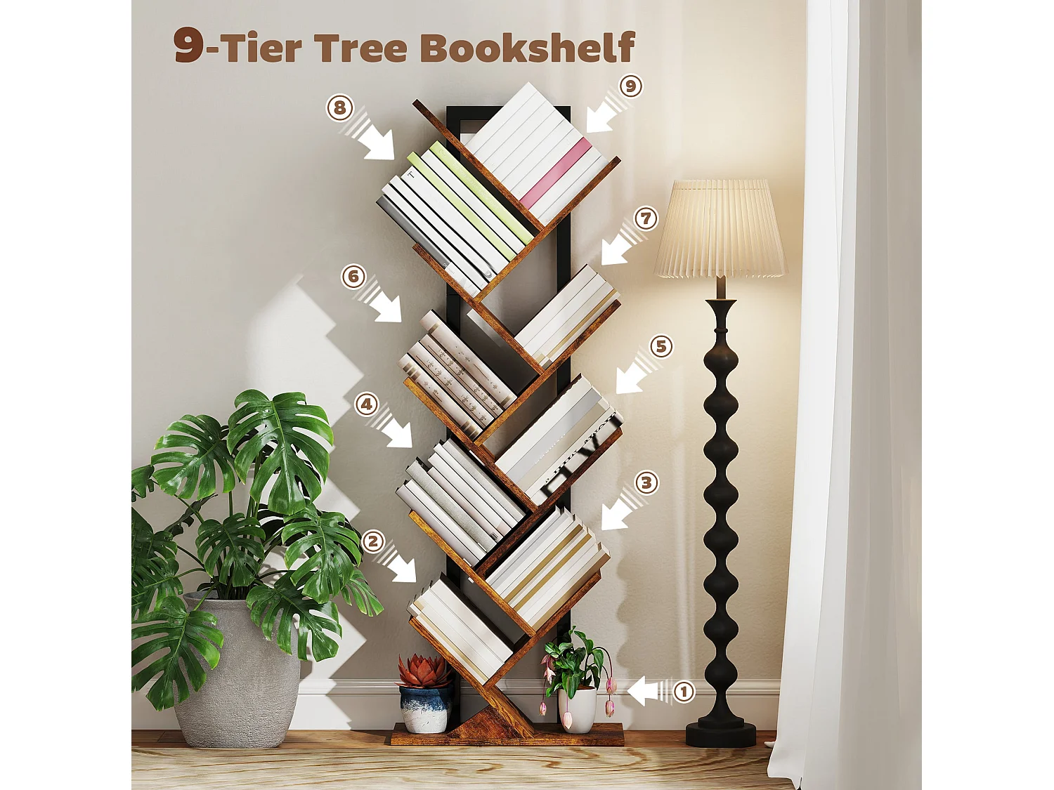 Varani 8 Section Tree Style Bookcase Rustic Brown Wood Effect Black Frame