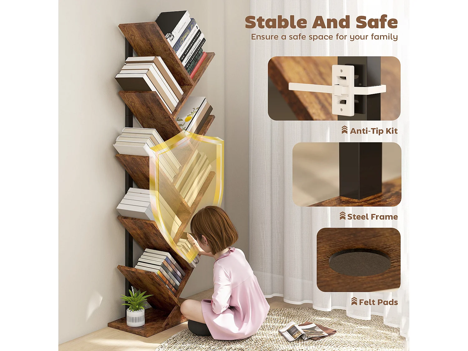 Varani 8 Section Tree Style Bookcase Rustic Brown Wood Effect Black Frame