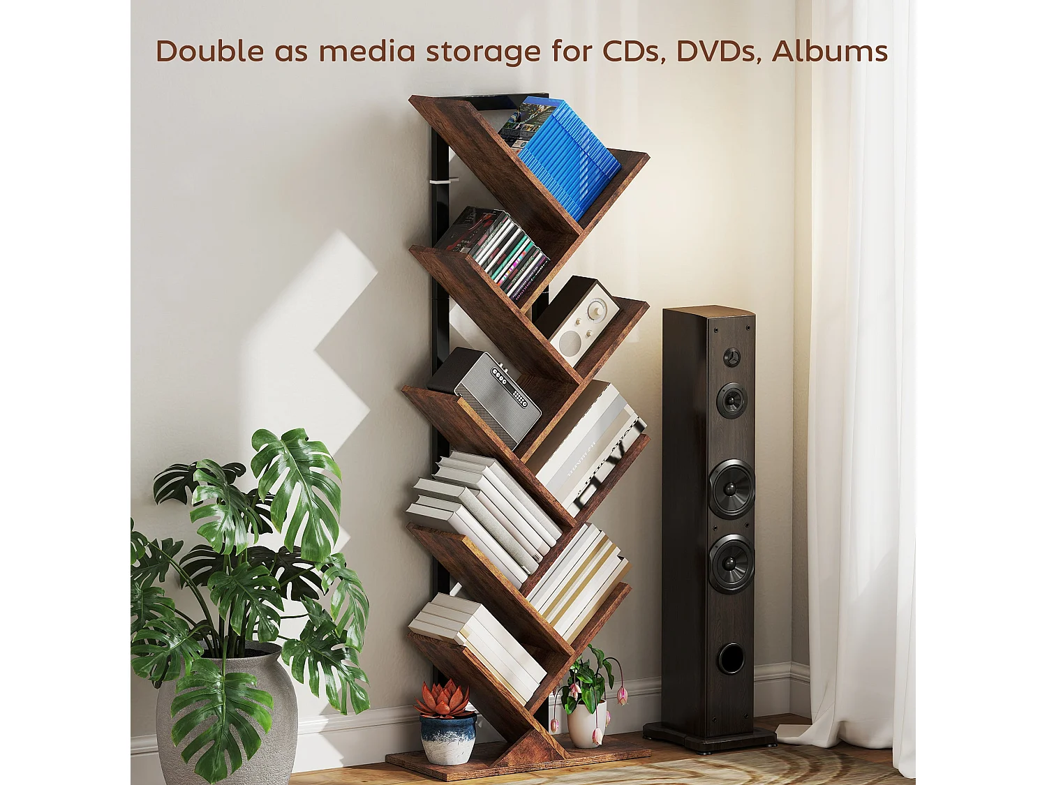 Varani 8 Section Tree Style Bookcase Rustic Brown Wood Effect Black Frame