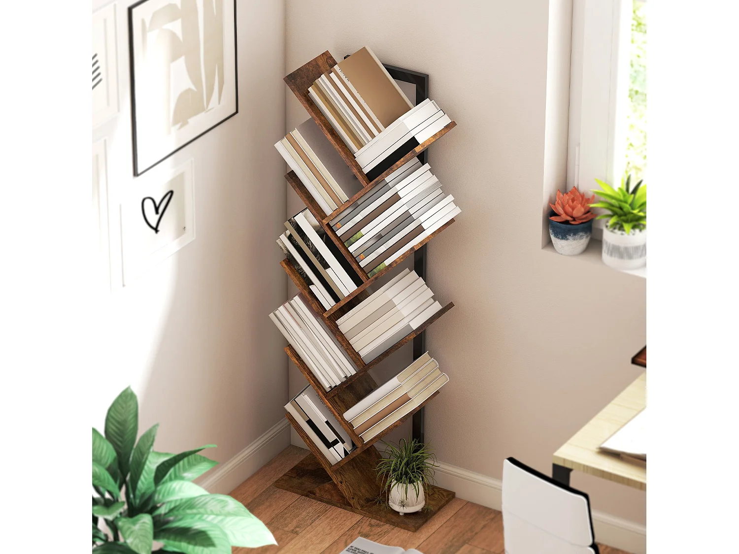 Varani 8 Section Tree Style Bookcase Rustic Brown Wood Effect Black Frame
