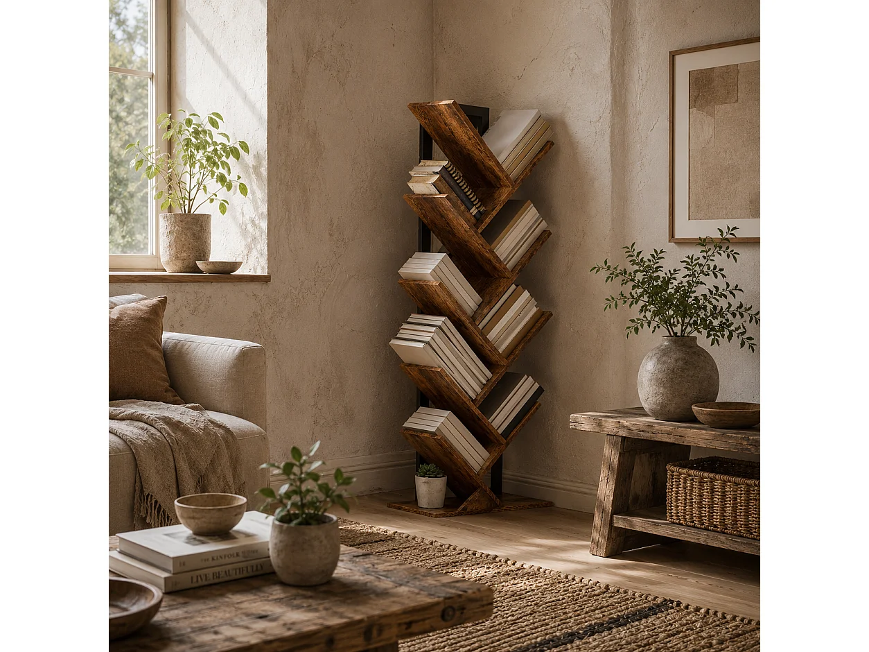 Varani 8 Section Tree Style Bookcase Rustic Brown Wood Effect Black Frame