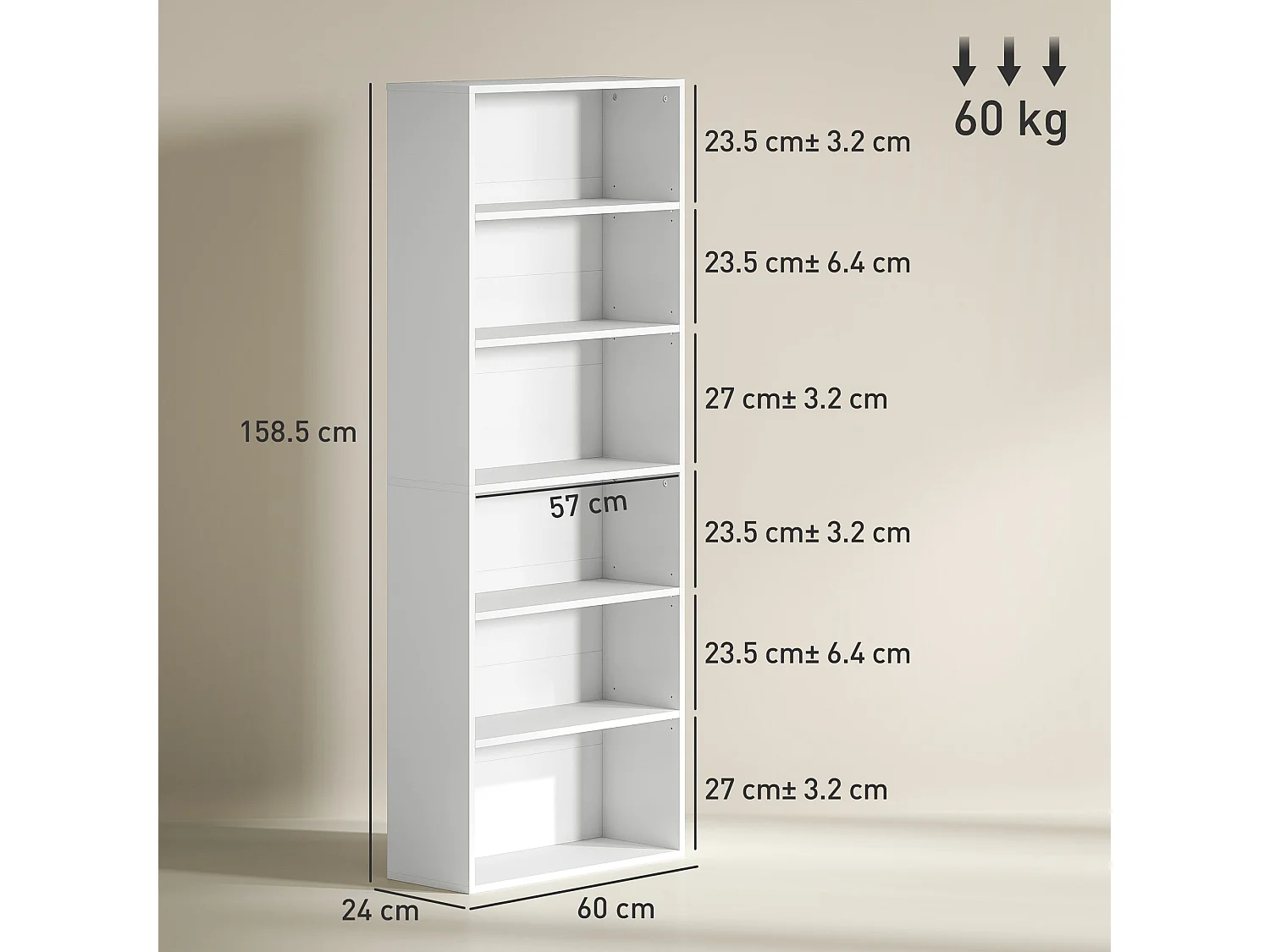 Yarut 158.5cm White 6 Shelf Particleboard Bookcase