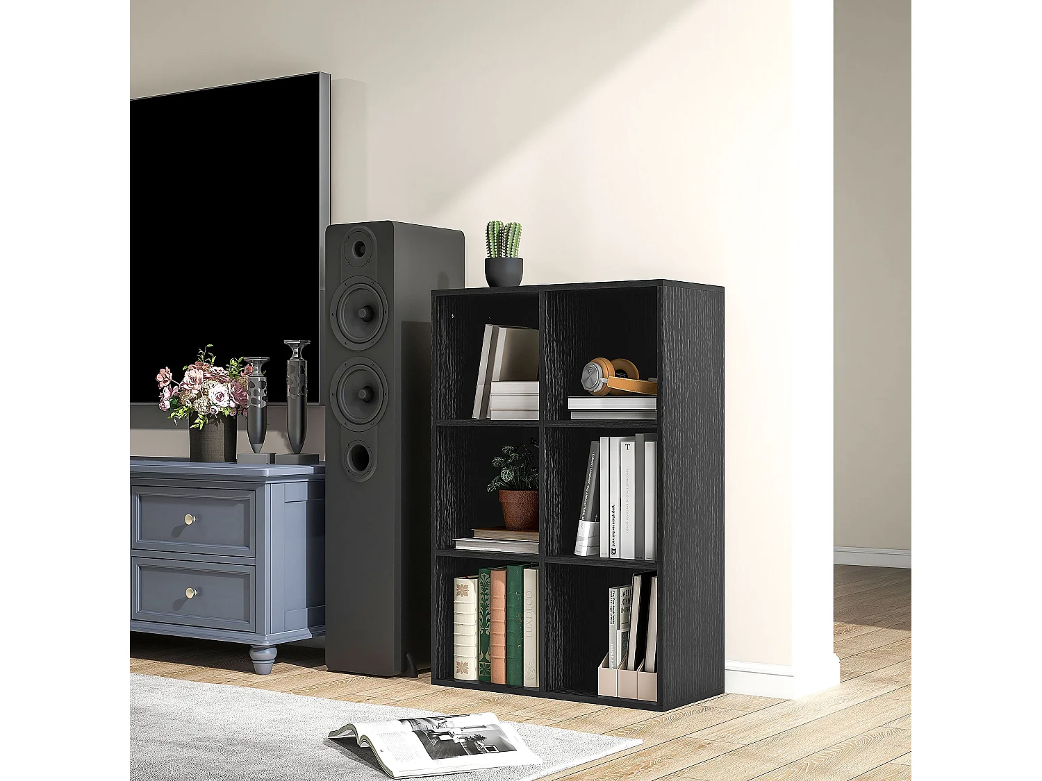 Sasu 6 Cube Storage Bookcase Black Wood Effect