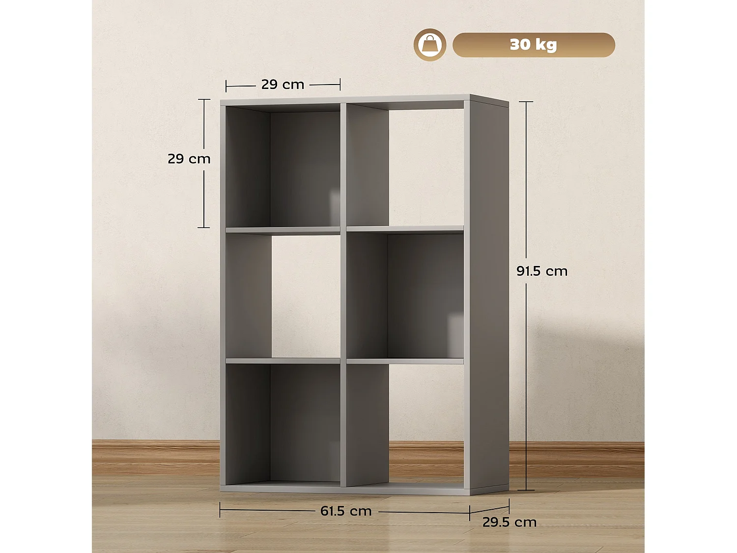 Salusosu 6 Cube Storage Bookcase Light Grey Particleboard Matt Finish