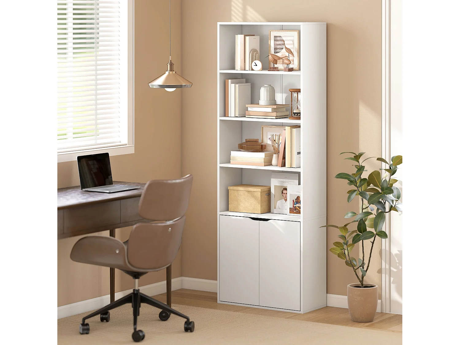 Ziratto White 6 Tier Tall Bookcase with Double Door Storage 59 x 29 x 180cm