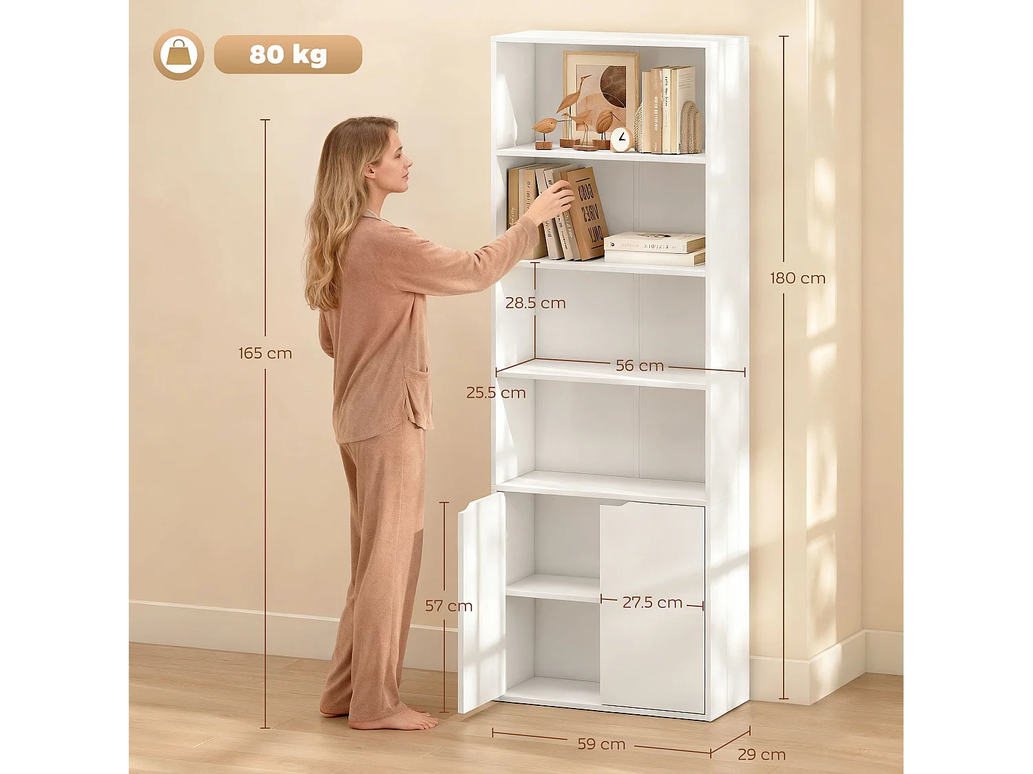 Ziratto White 6 Tier Tall Bookcase with Double Door Storage 59 x 29 x 180cm