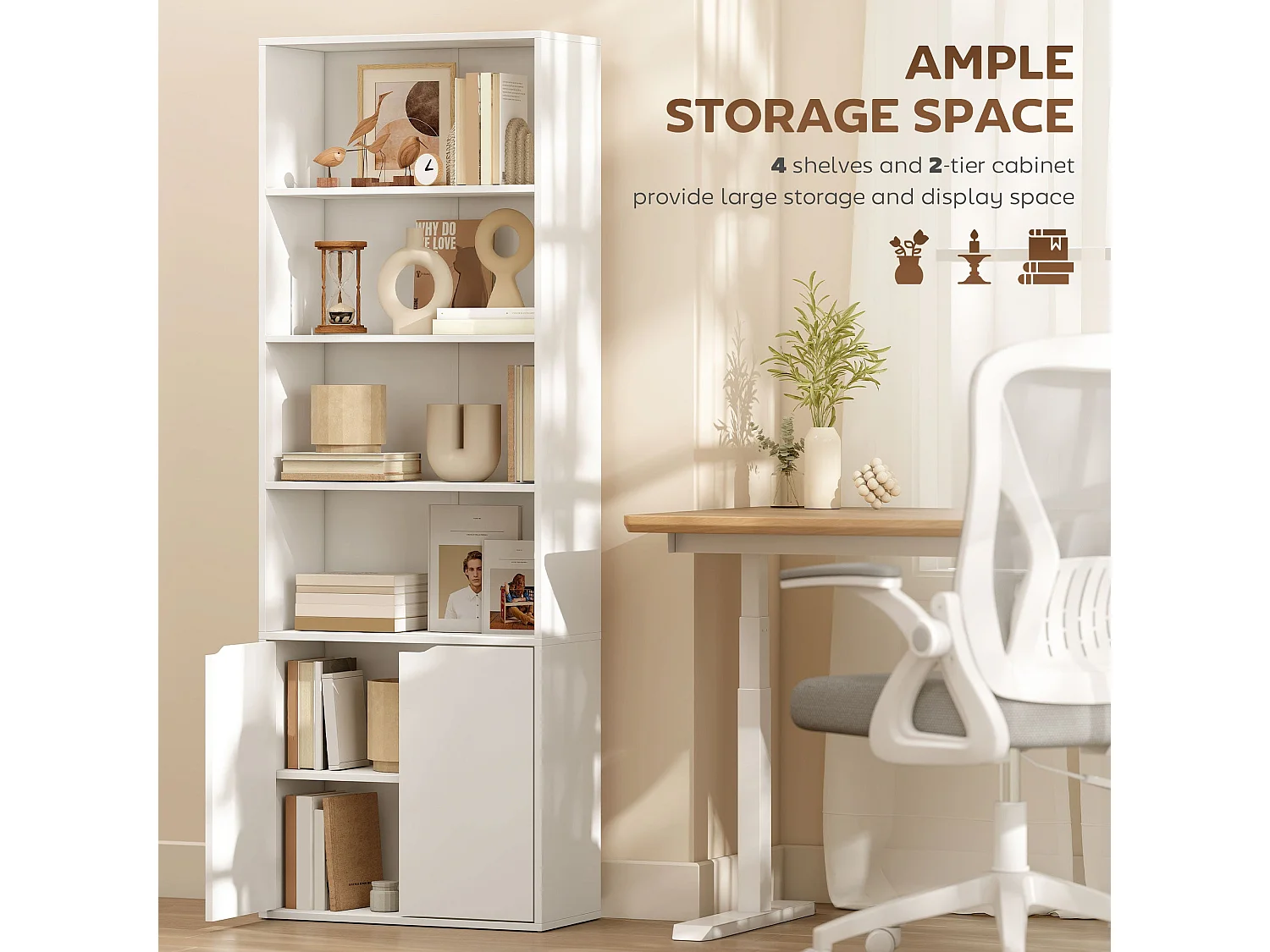Ziratto White 6 Tier Tall Bookcase with Double Door Storage 59 x 29 x 180cm