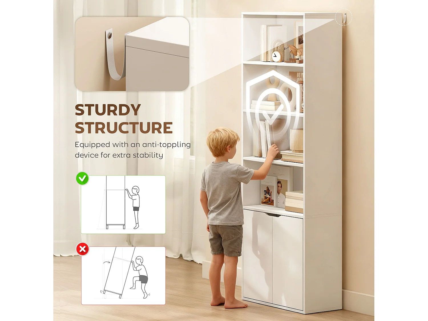 Ziratto White 6 Tier Tall Bookcase with Double Door Storage 59 x 29 x 180cm