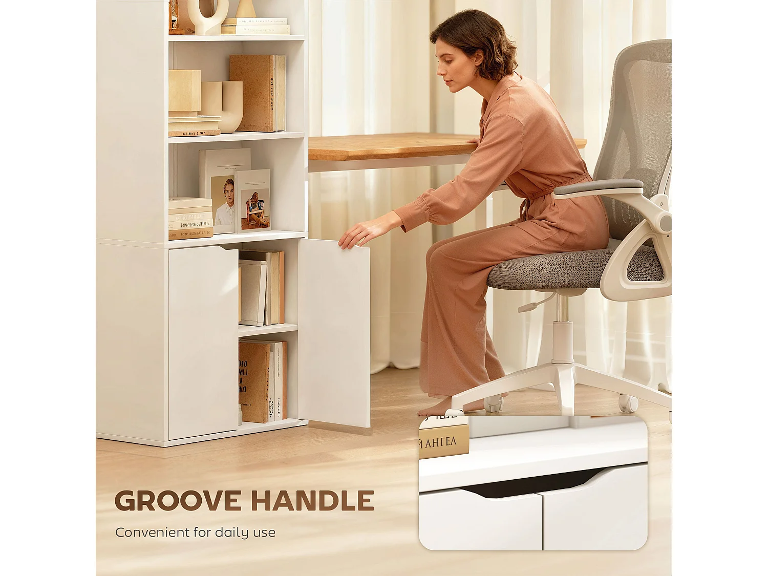 Ziratto White 6 Tier Tall Bookcase with Double Door Storage 59 x 29 x 180cm