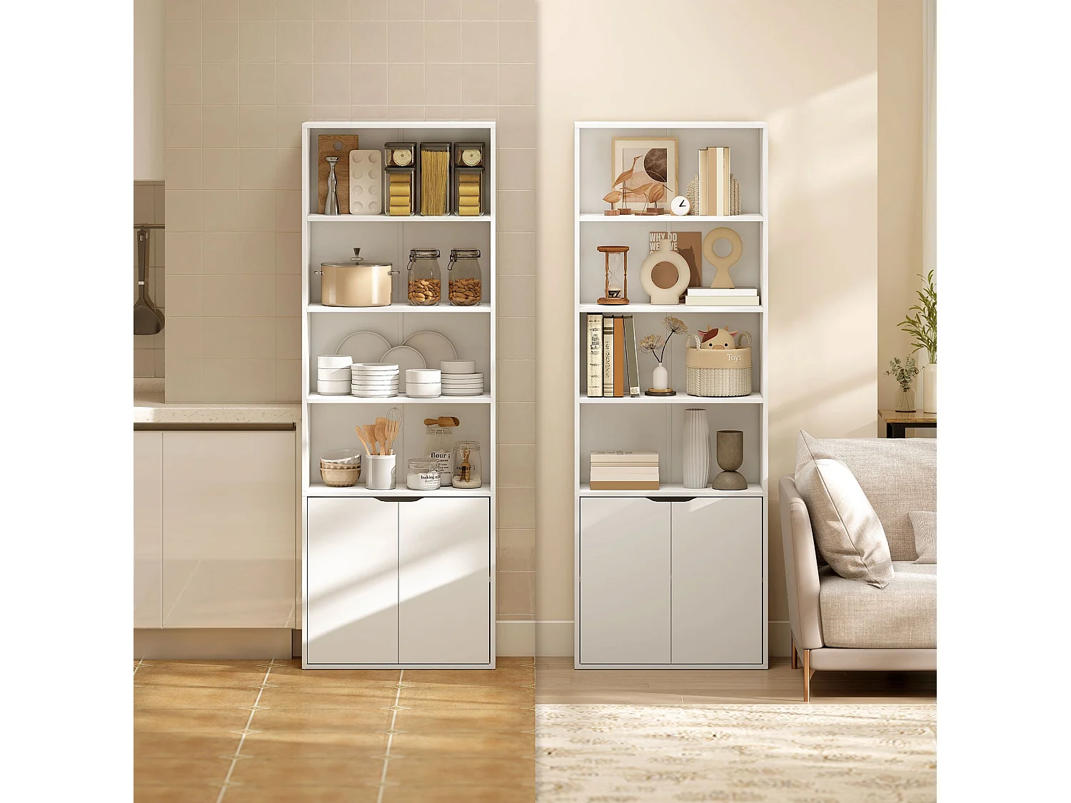Ziratto White 6 Tier Tall Bookcase with Double Door Storage 59 x 29 x 180cm