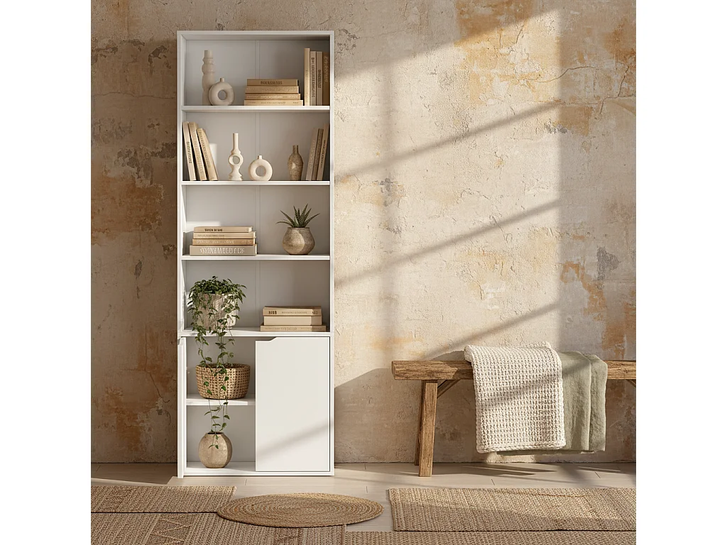Ziratto White 6 Tier Tall Bookcase with Double Door Storage 59 x 29 x 180cm