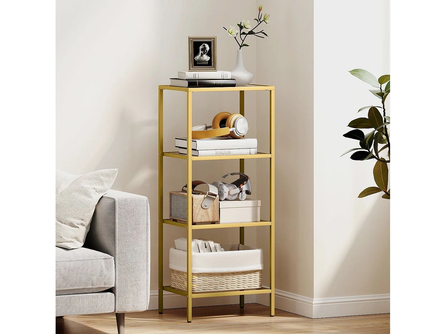 Nopatti 4 Tier Metal and Glass Display Shelf Gold Tone