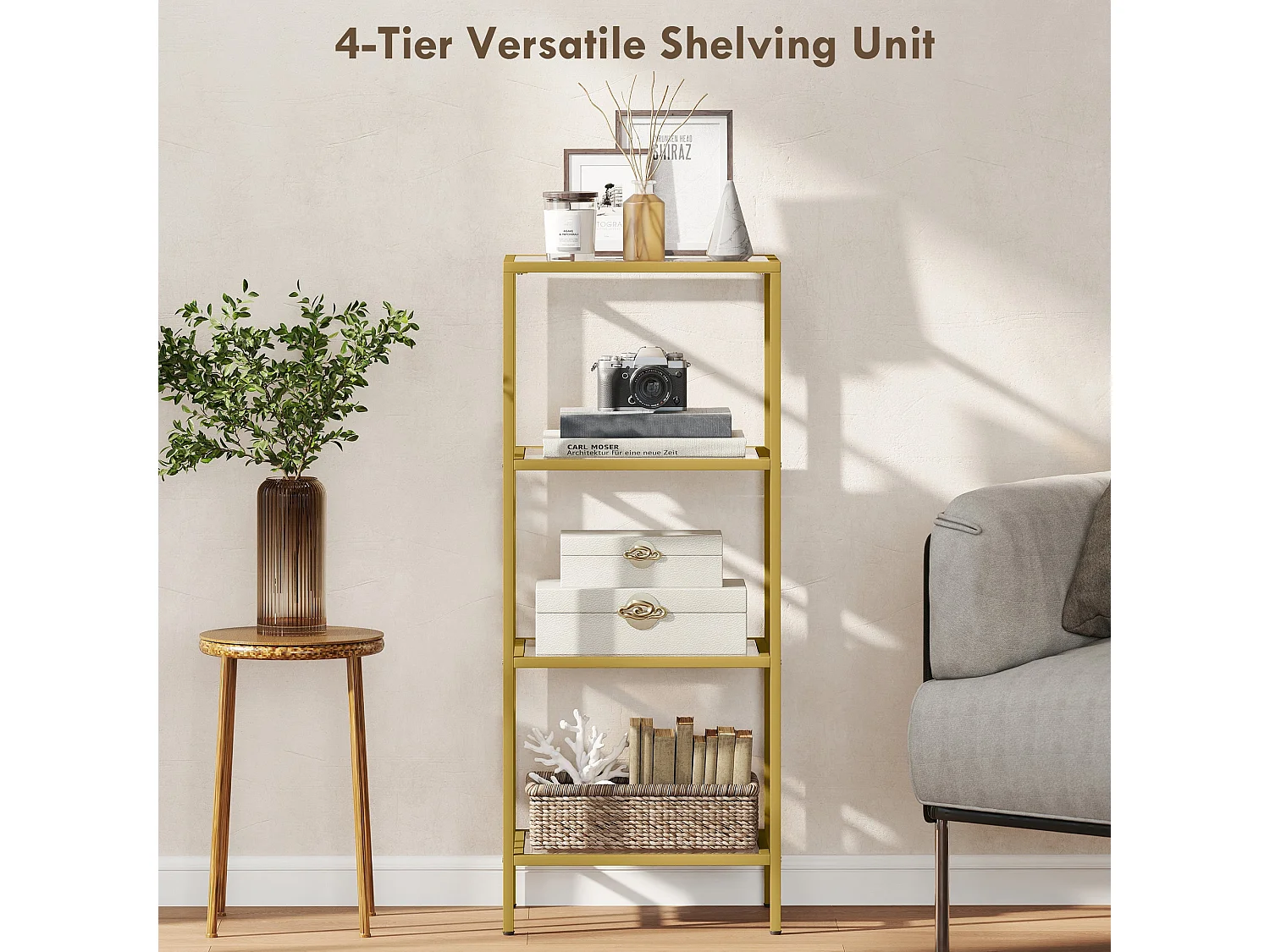 Nopatti 4 Tier Metal and Glass Display Shelf Gold Tone