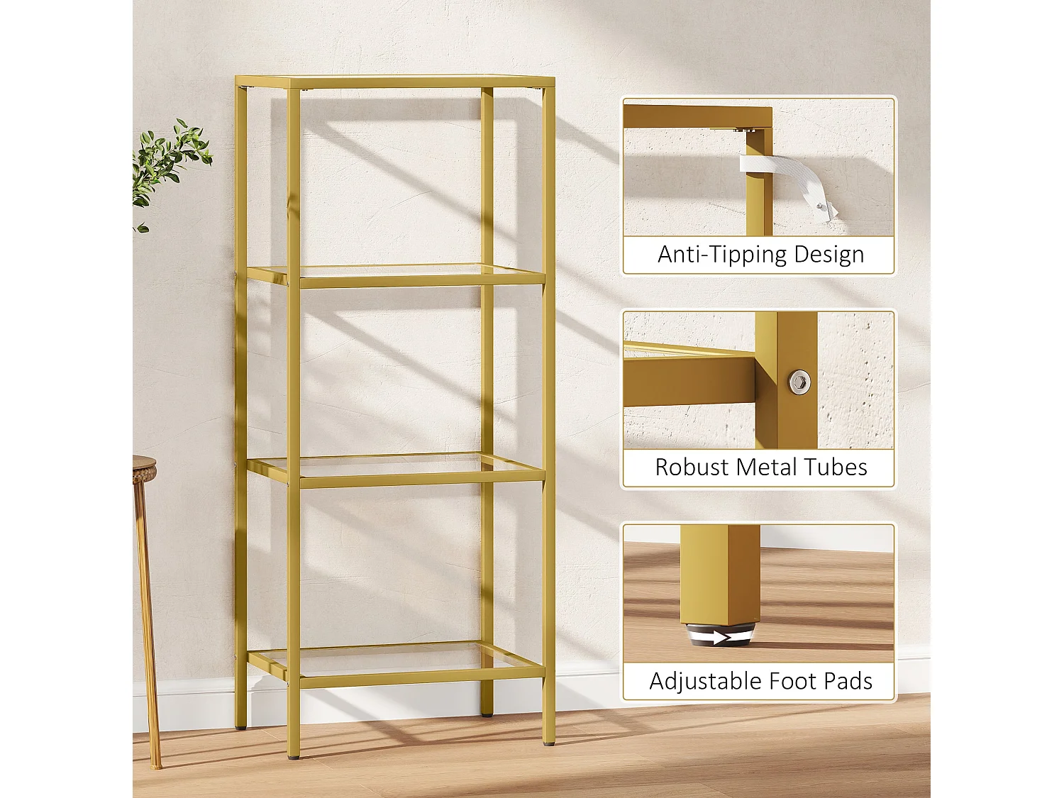 Nopatti 4 Tier Metal and Glass Display Shelf Gold Tone