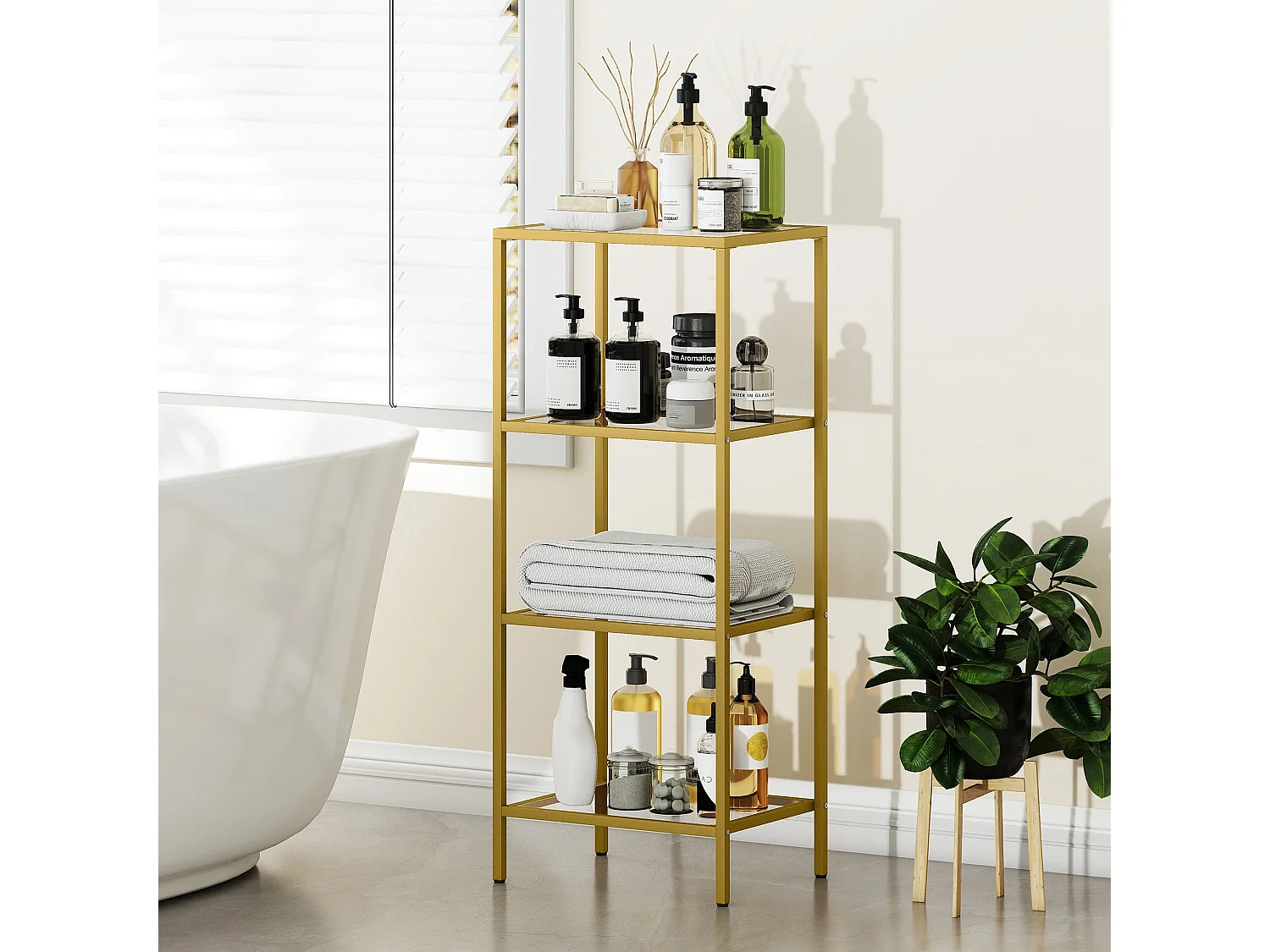 Nopatti 4 Tier Metal and Glass Display Shelf Gold Tone