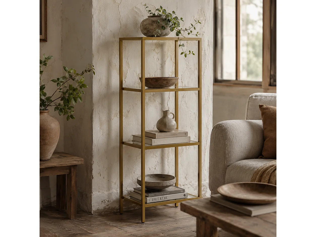 Nopatti 4 Tier Metal and Glass Display Shelf Gold Tone