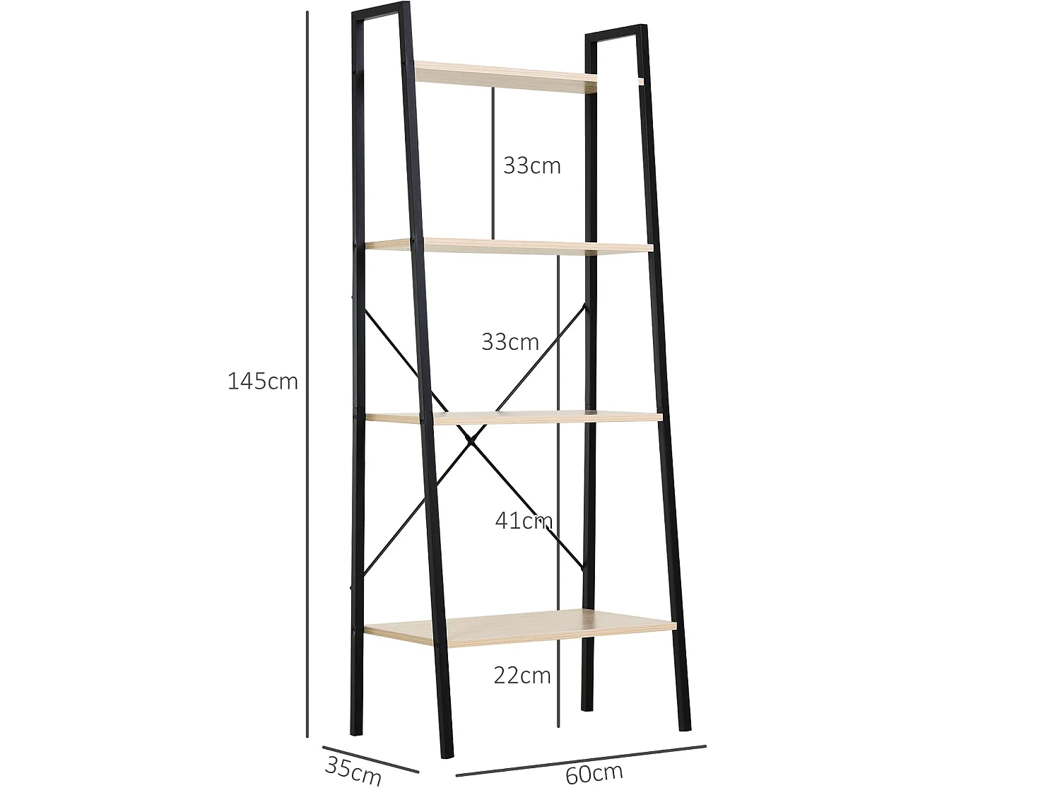 Karafi 4 Tier Ladder Bookshelf Oak Effect Shelves Black Steel Frame