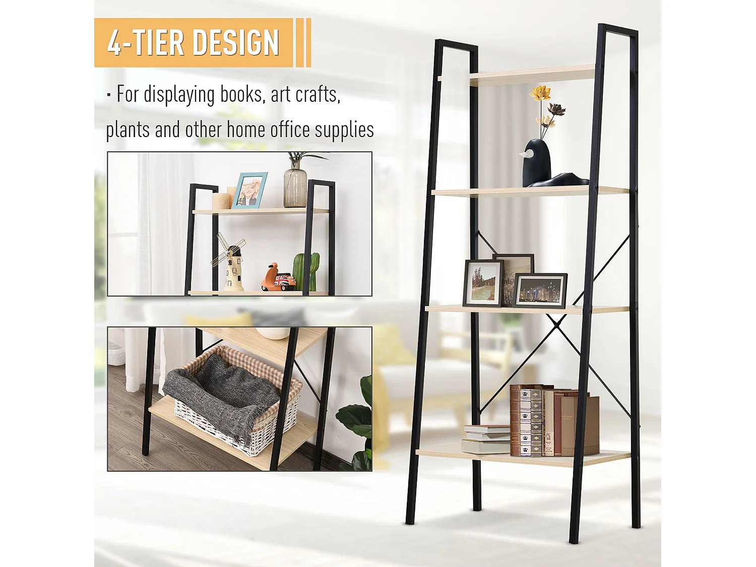 Karafi 4 Tier Ladder Bookshelf Oak Effect Shelves Black Steel Frame