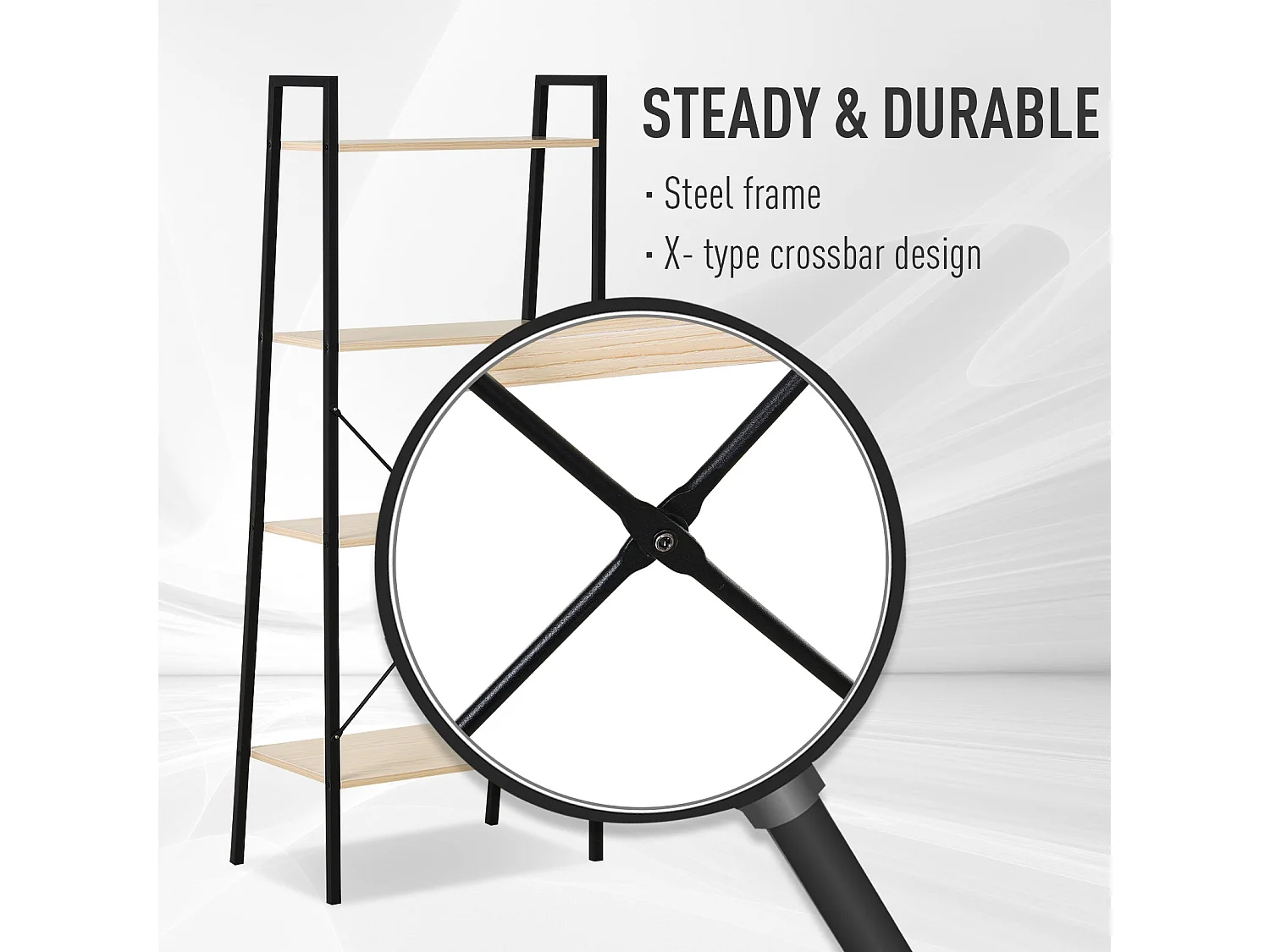 Karafi 4 Tier Ladder Bookshelf Oak Effect Shelves Black Steel Frame