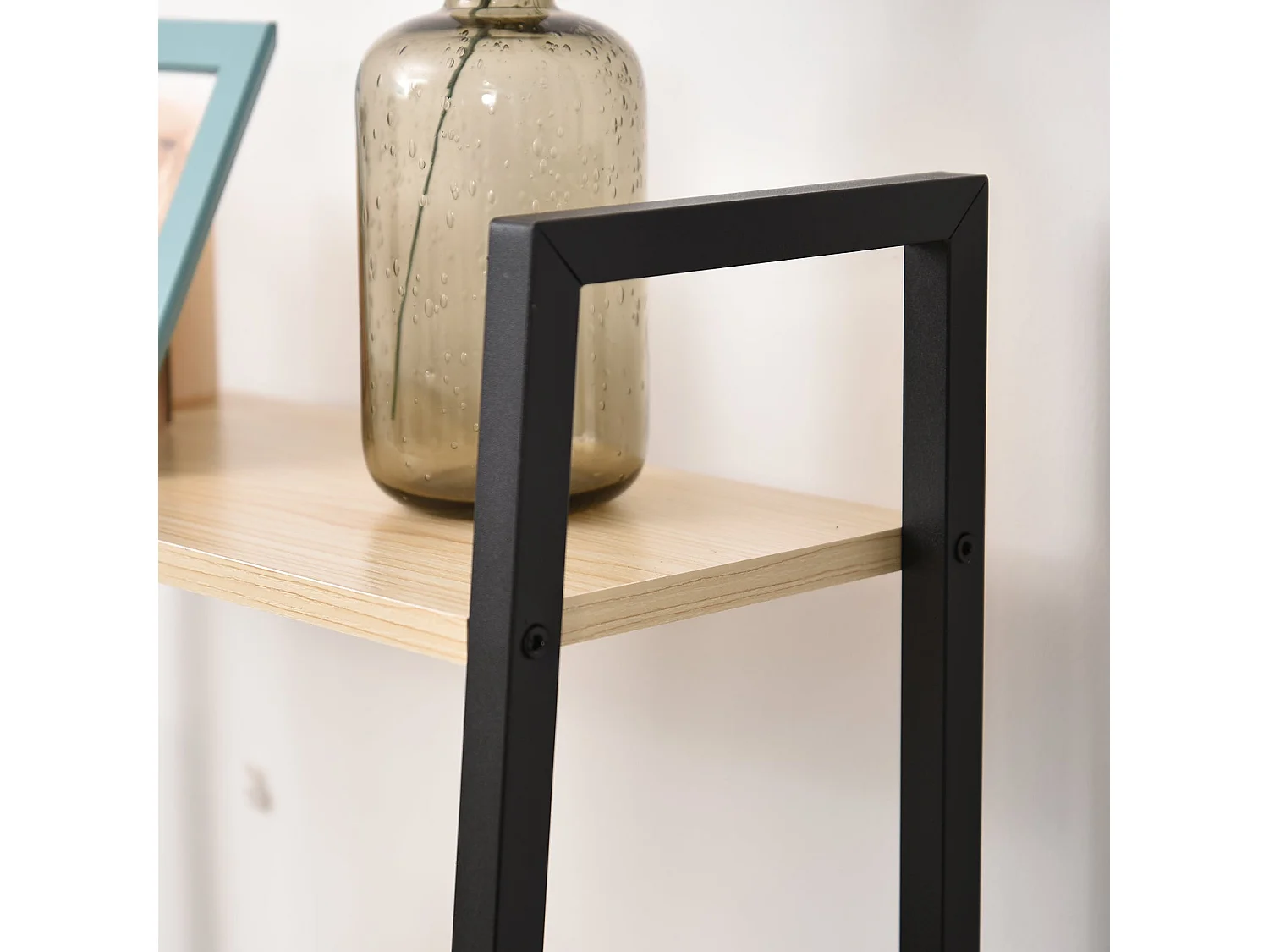 Karafi 4 Tier Ladder Bookshelf Oak Effect Shelves Black Steel Frame