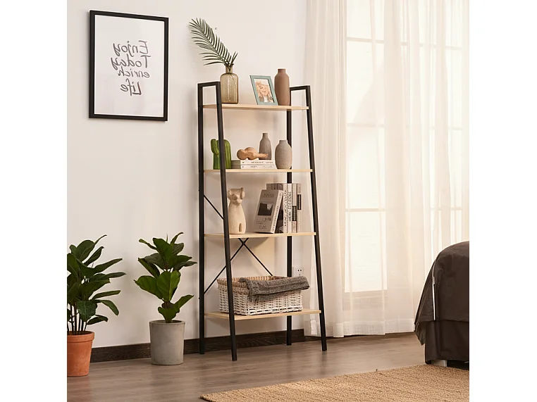 Karafi 4 Tier Ladder Bookshelf Oak Effect Shelves Black Steel Frame