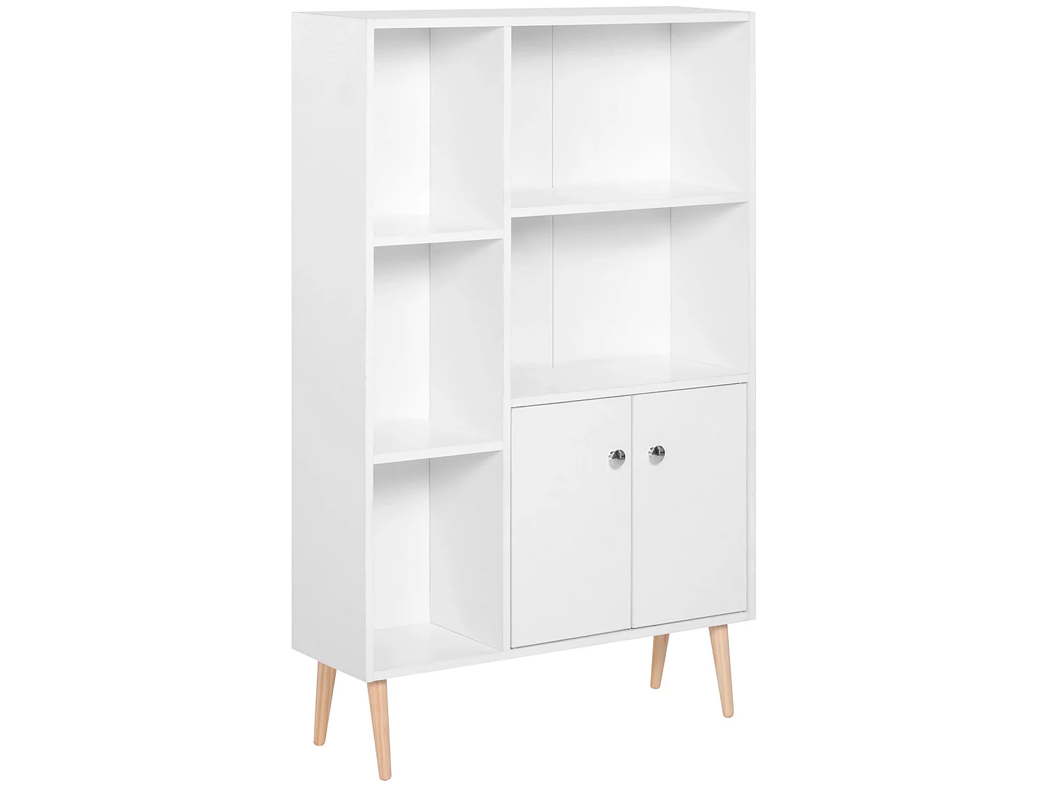 Toralesa White Sideboard Bookcase 2 Doors 5 Open Compartments Pine Legs