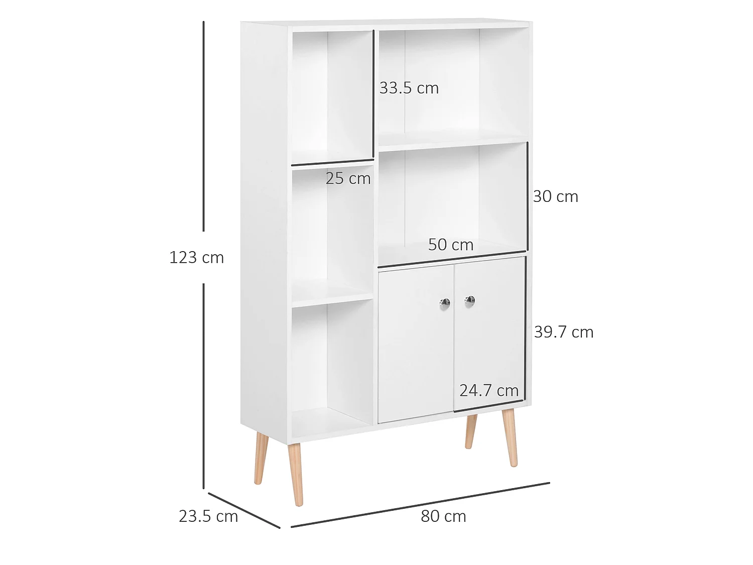 Toralesa White Sideboard Bookcase 2 Doors 5 Open Compartments Pine Legs