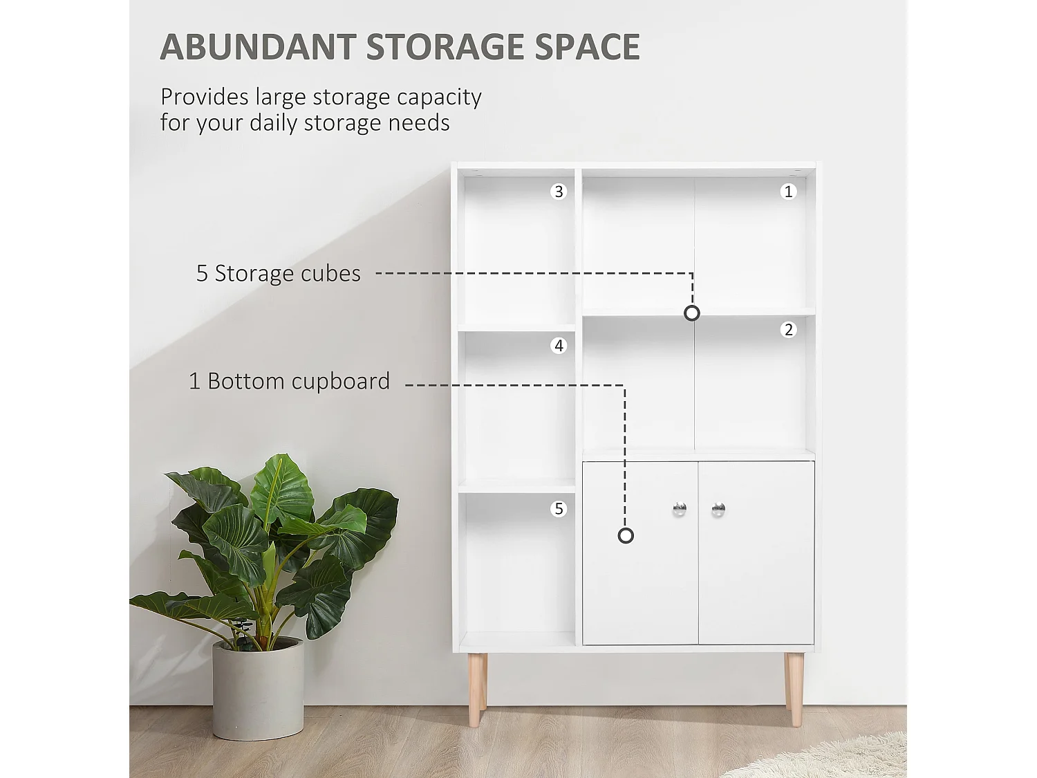 Toralesa White Sideboard Bookcase 2 Doors 5 Open Compartments Pine Legs