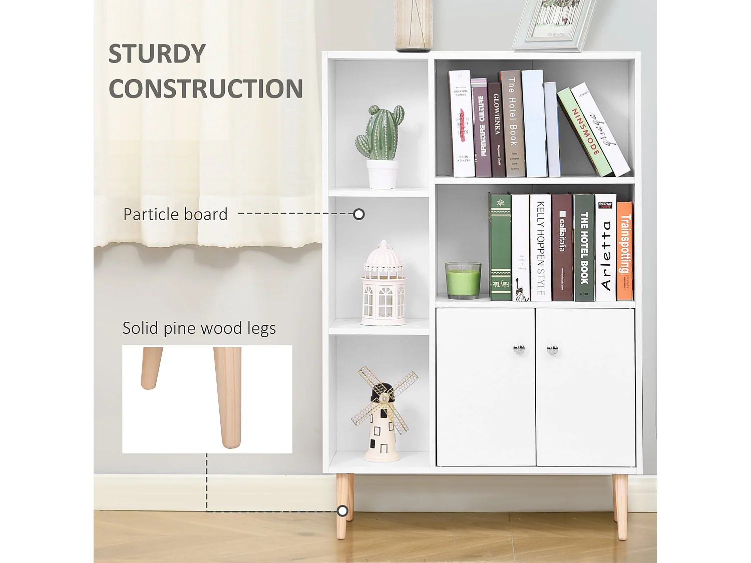 Toralesa White Sideboard Bookcase 2 Doors 5 Open Compartments Pine Legs