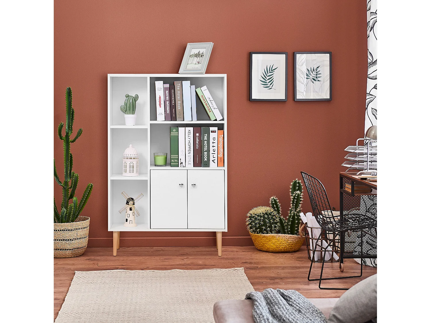Toralesa White Sideboard Bookcase 2 Doors 5 Open Compartments Pine Legs