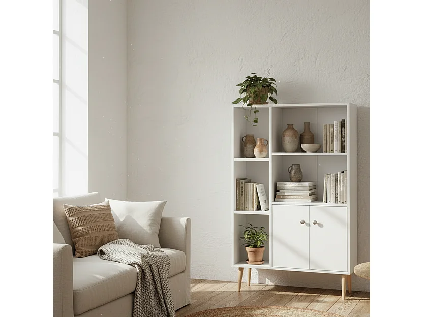 Toralesa White Sideboard Bookcase 2 Doors 5 Open Compartments Pine Legs