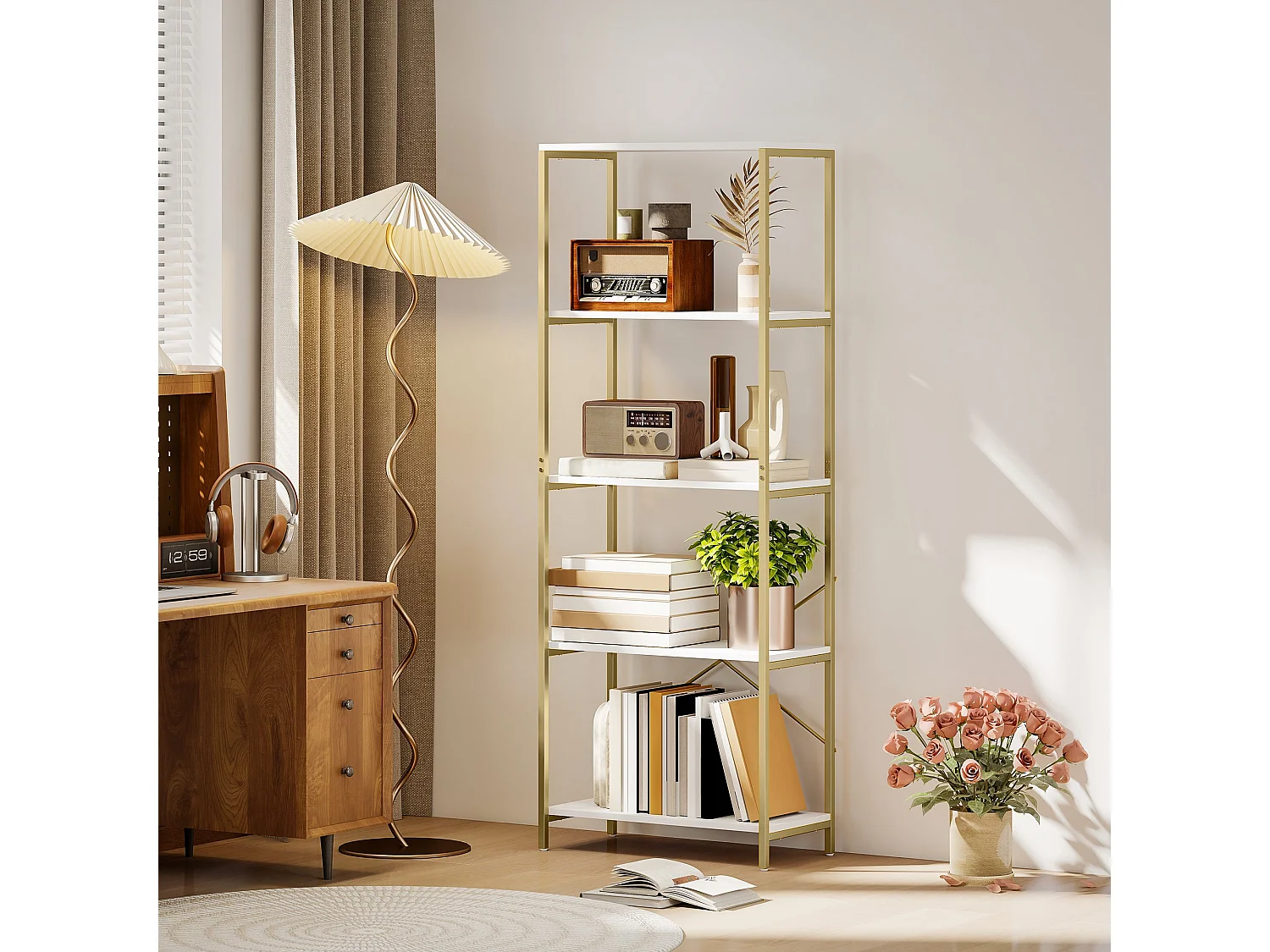 Lazila 5 Tier White MDF and Gold Tone Metal Bookcase Modern Open Shelf