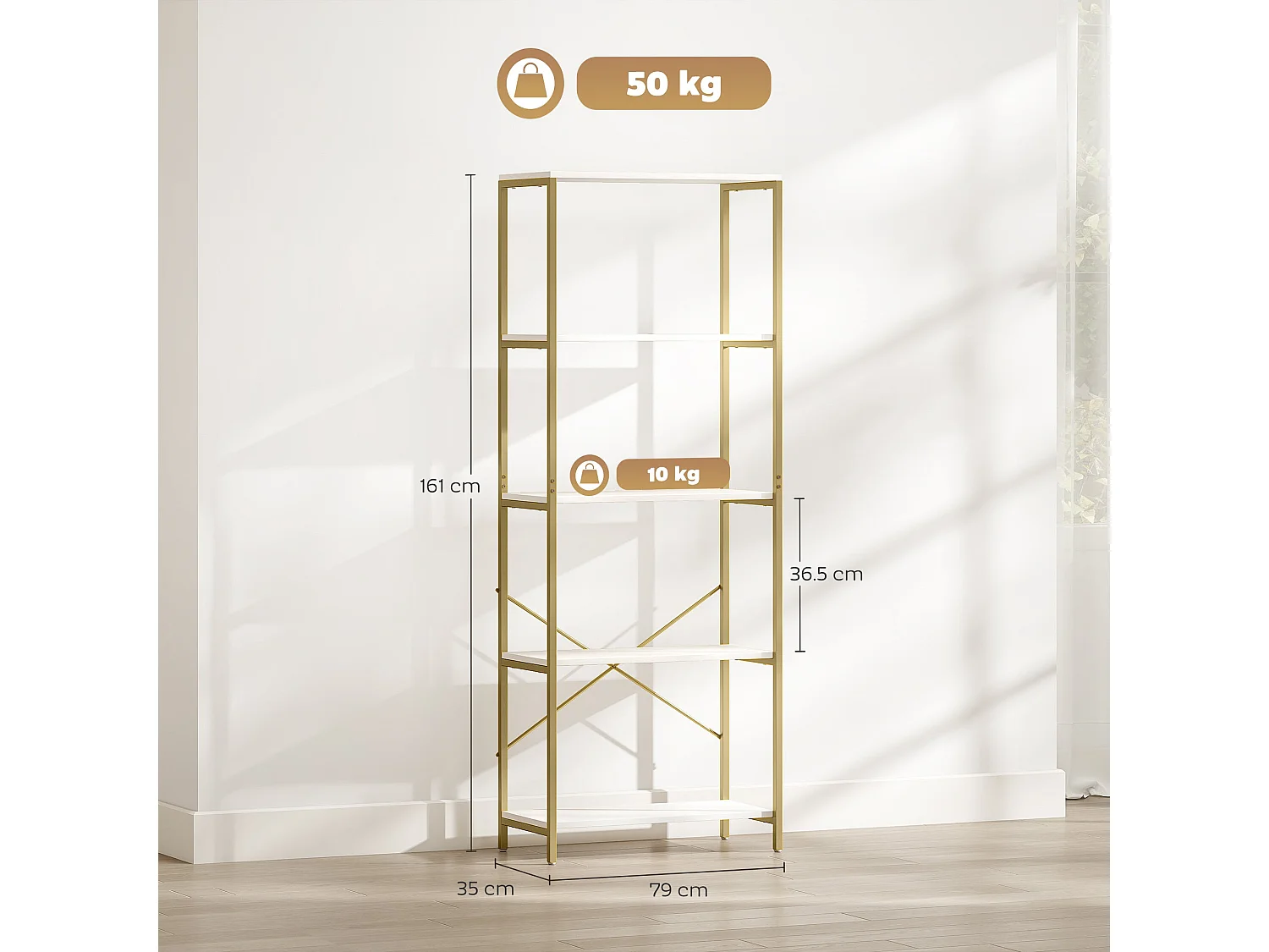Lazila 5 Tier White MDF and Gold Tone Metal Bookcase Modern Open Shelf