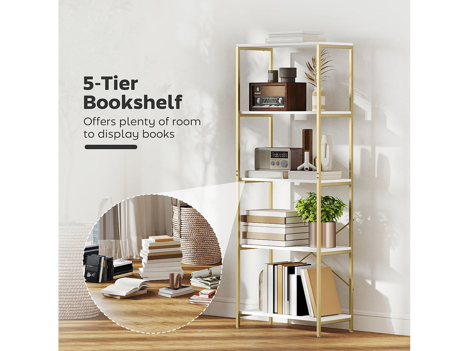 Lazila 5 Tier White MDF and Gold Tone Metal Bookcase Modern Open Shelf